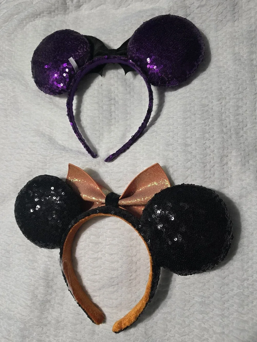 Sequin Halloween Minnie Ear Headbands - Purple & Black with Orange Bow